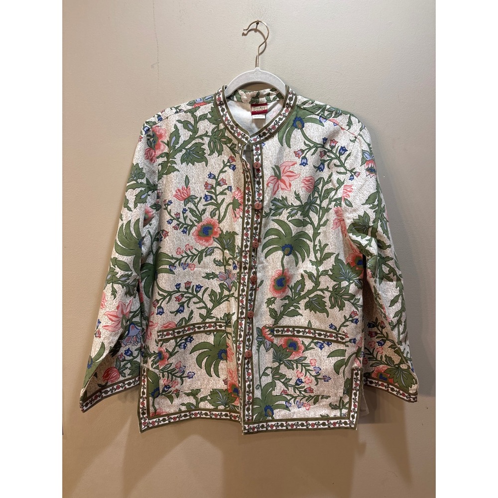 Tudor Court Haband Floral Cotton Jacket L Chinoiserie Mandarin Collar D7N Green